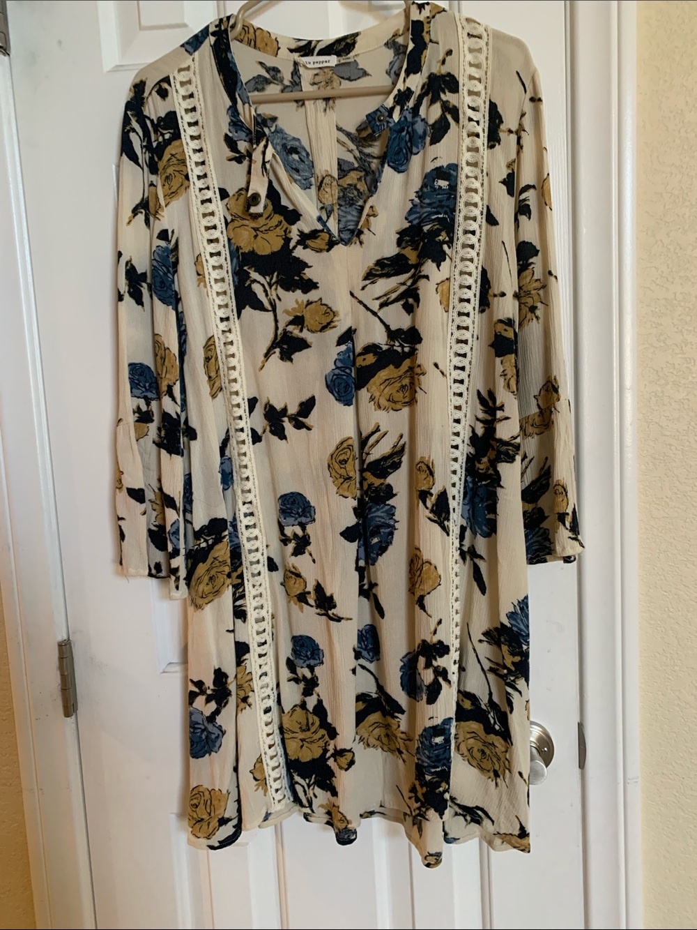 Blu Pepper Cream Tunic Dress with Blue & Mustard Floral Print like new